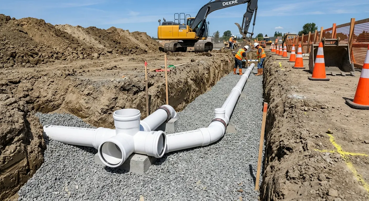 New PVC sewer pipe installation in open trench for Commercial Drain Cleaning in Sartell