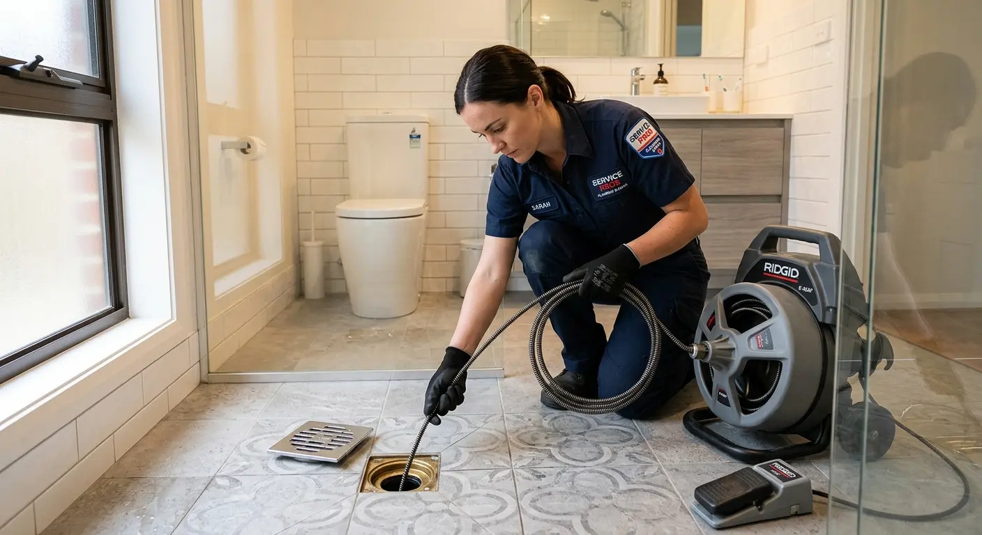 Technician clearing a bathroom floor drain for Clogged Drain Repair in Sartell